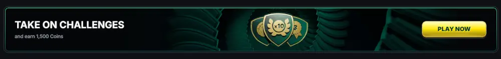 Bannière de défis de jeu Kinbet offrant des récompenses en pièces pour la participation